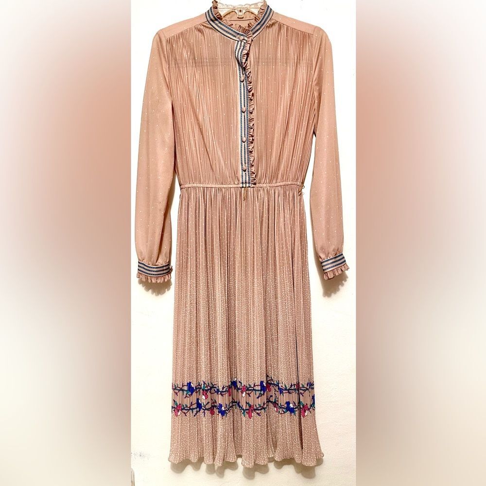 Hal Ferman Vintage 70s Dress Accordion Micro
Pleat Maxi Dress Belted Ruffle Pink